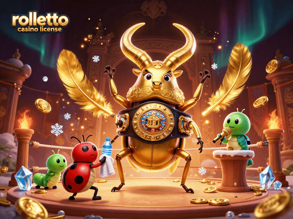 Illustration du rolletto casino licence avec un scarabée doré et un ring de combat rempli de pièces.