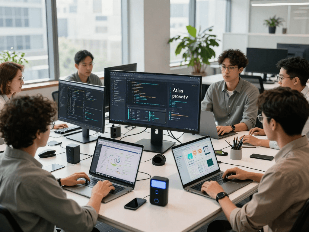 Équipe dynamique de développement logiciel utilisant Atlas pro ontv dans un bureau moderne.