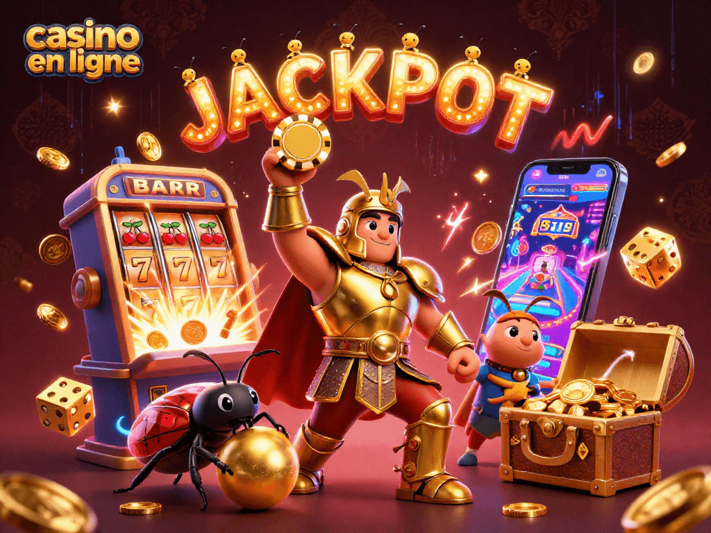 Jouer au casino en ligne avec des jeux captivants et un jackpot gagnant en arrière-plan.