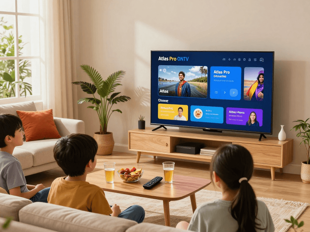 Profitez de l'expérience Atlas Pro ONTV avec votre famille devant un écran de télévision.