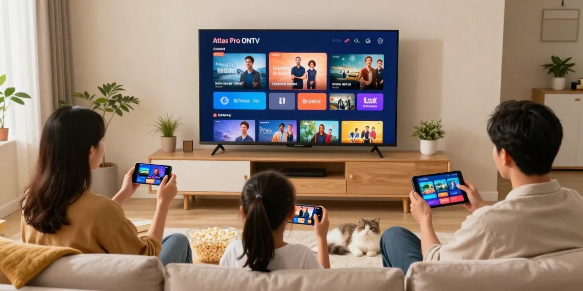 Atlas pro, famille profitant de services IPTV dans un salon confortable.