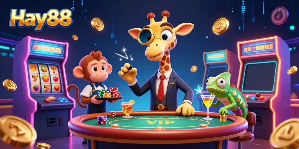 Experience the thrilling world of Hay88 with a high-roller giraffe and vibrant casino elements.