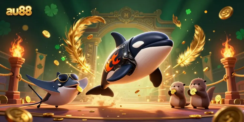 Experience thrilling gameplay at au88 with dynamic casino characters and gold coins in a colorful underwater scene.