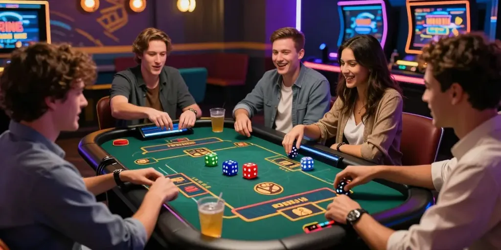 Joueurs de jeux de dés dans un casino en ligne, ambiance excitante et couleurs vives.