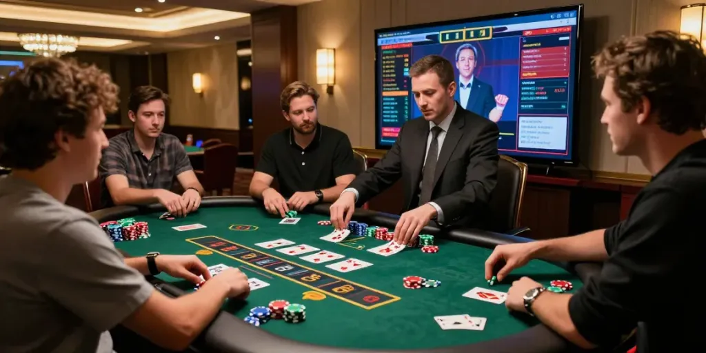 Scène de blackjack en ligne avec joueurs engagés et table électronique, ambiance luxueuse.