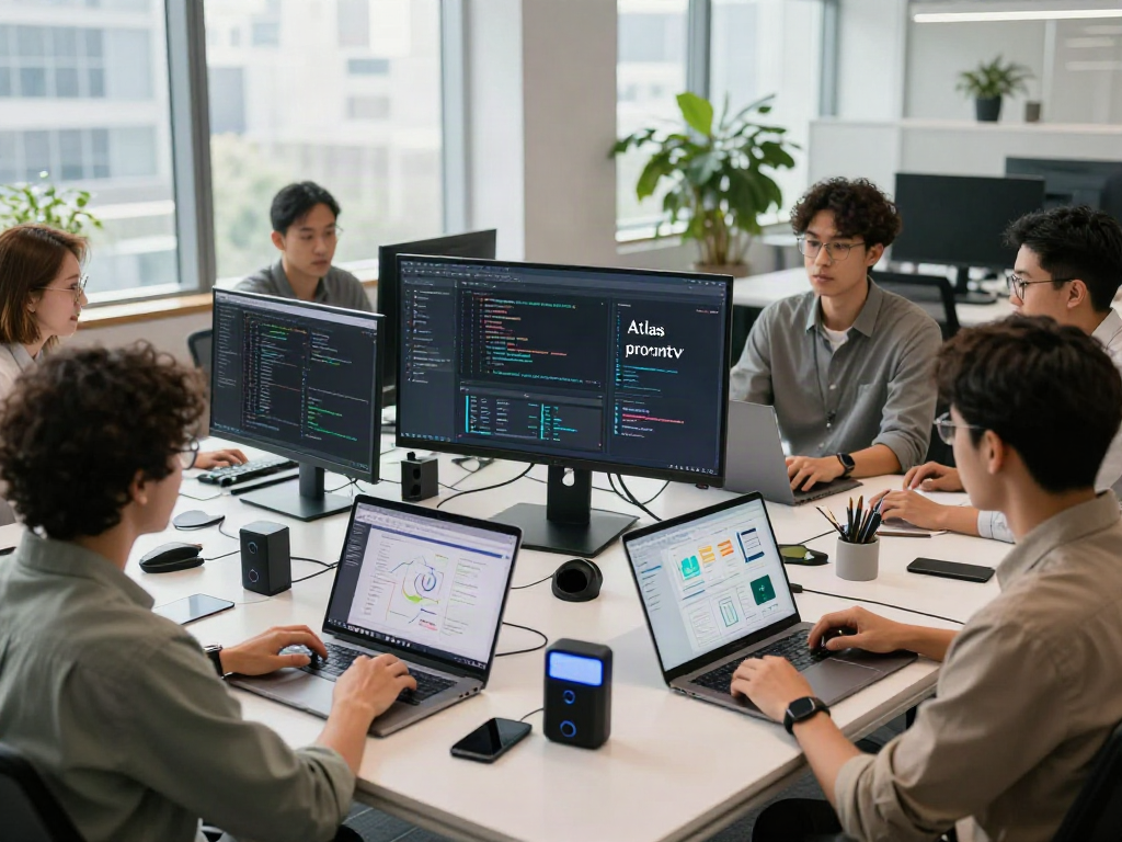 Équipe dynamique de développement logiciel utilisant Atlas pro ontv dans un bureau moderne.