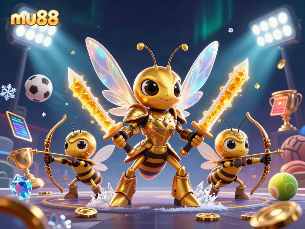 Experience thrilling action at mu88 with a vibrant scene of bee warriors and sports elements in a casino environment.