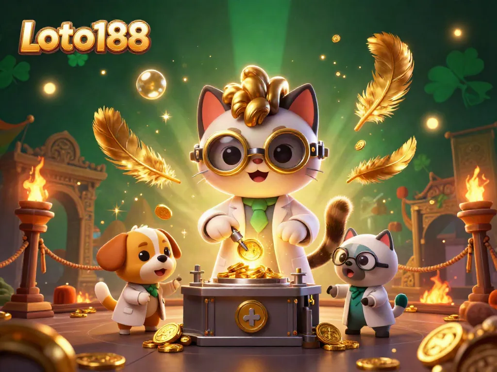 Experience the excitement of Loto188 with a whimsical lab scene featuring a scientist cat creating gold coins.