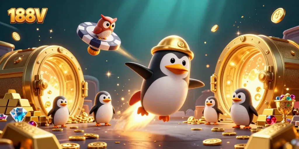 Experience thrilling gameplay with the golden penguin in the vibrant world of 188V casino.