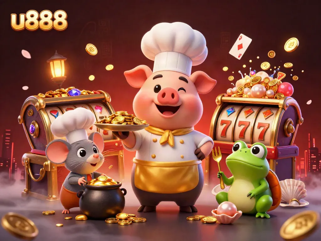 Experience the excitement at u888 with a vibrant casino scene featuring a chef pig, chef mouse, and frog!