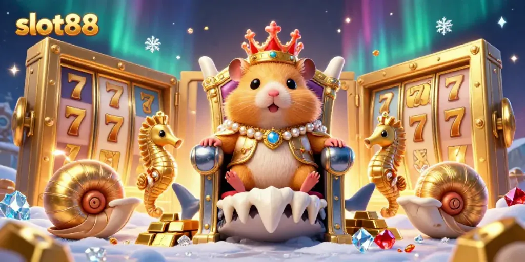 Join the fierce golden hamster king on his megalodon throne in the vibrant slot88 world, where jackpots await!