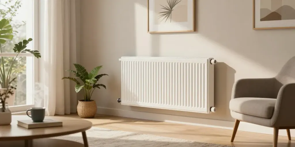 Radiateur à inertie sèche élégant et moderne dans un salon lumineux et accueillant.