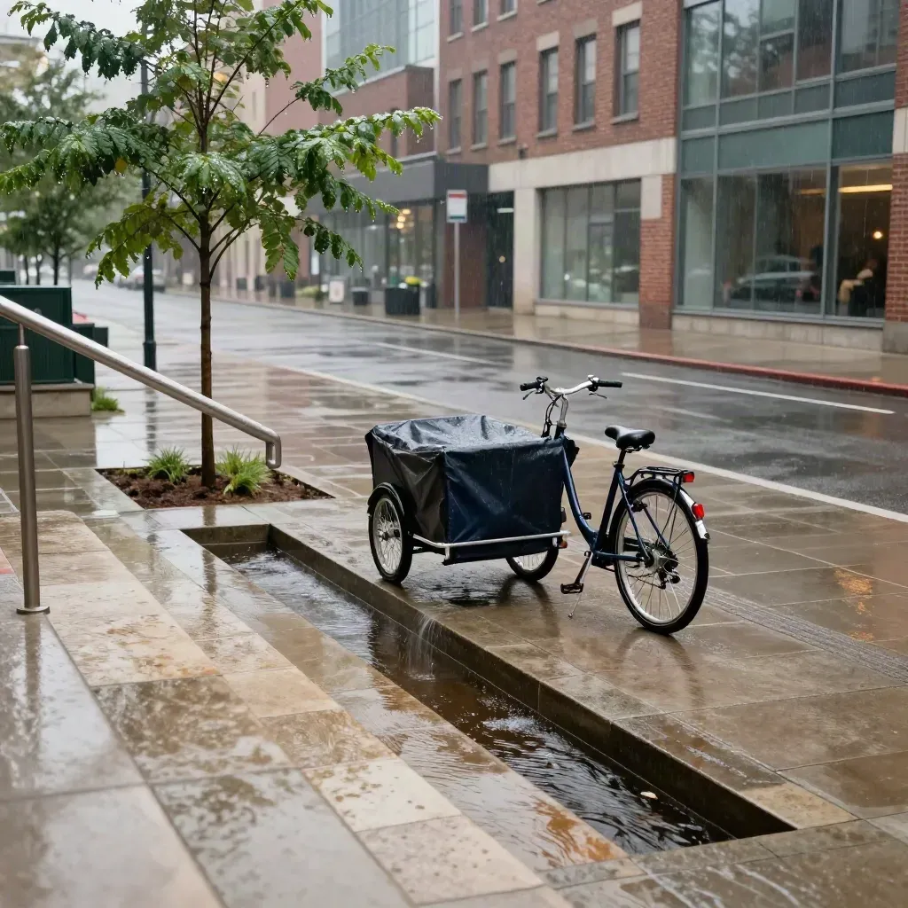 Place urbaine après la pluie, vélo cargo, noues d’eau et façade rénovée vue depuis un escalier.