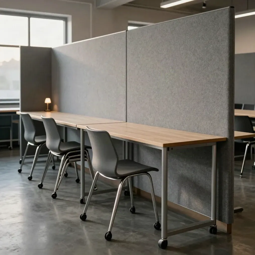 Salle d’incubateur au matin avec cloisons mobiles, tables roulantes et chaises empilables.