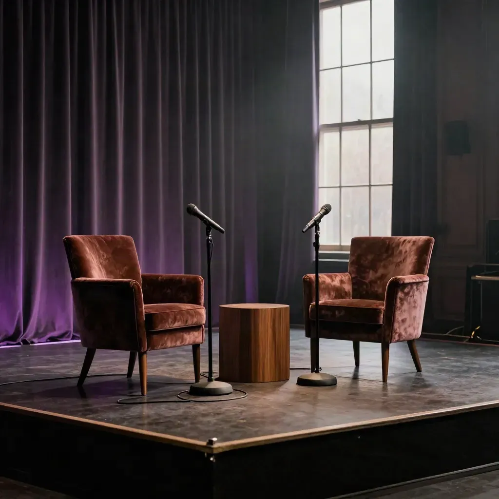 Plateau d’entretien vide, fauteuils, micros et rideau sombre sous une lumière violette.