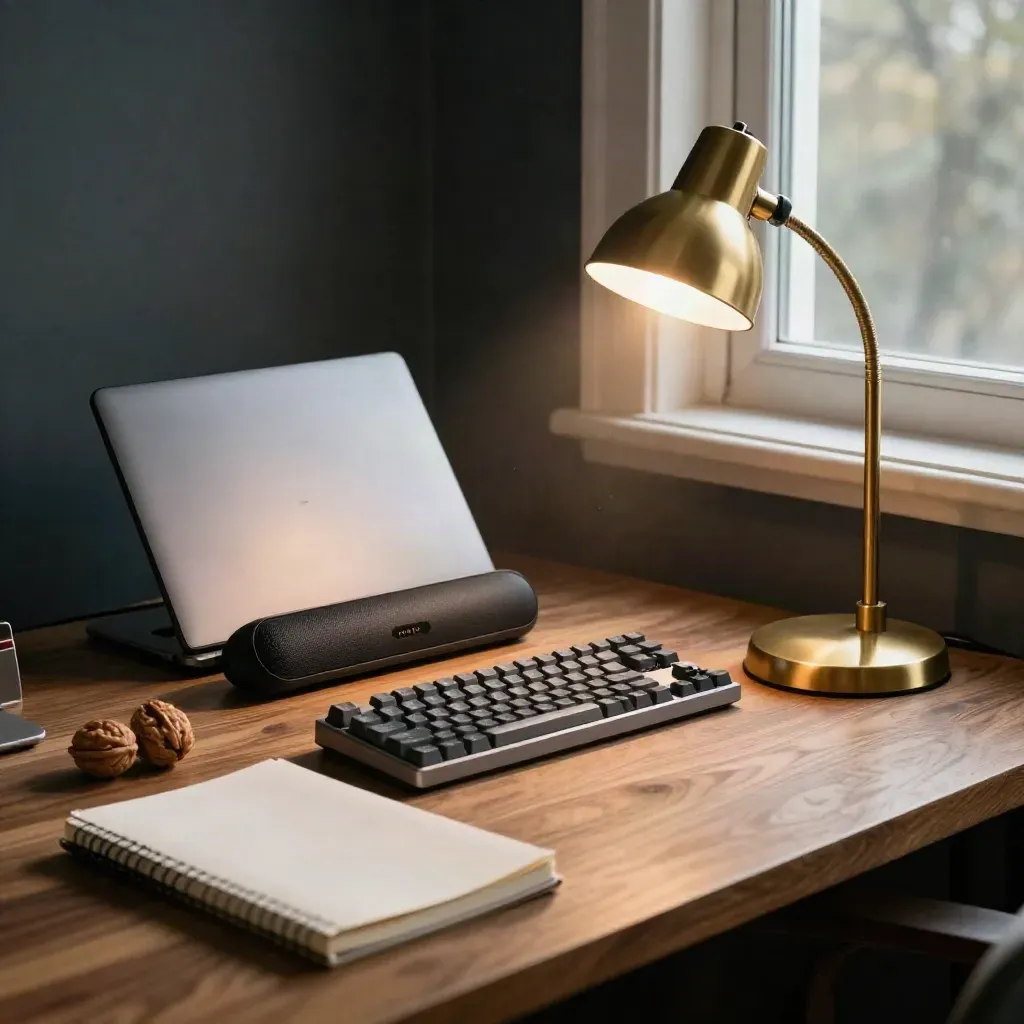 Bureau IA cosy avec portable fermé, clavier mécanique, capteur vocal et lampe de tâche.