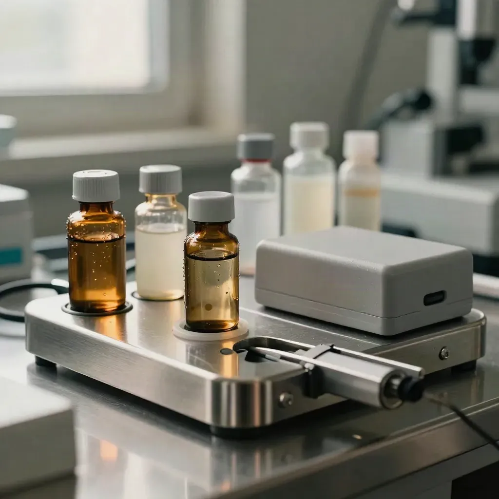 Capteur de santé calibré sur un banc inox avec flacons opaques et boîtier de suivi.