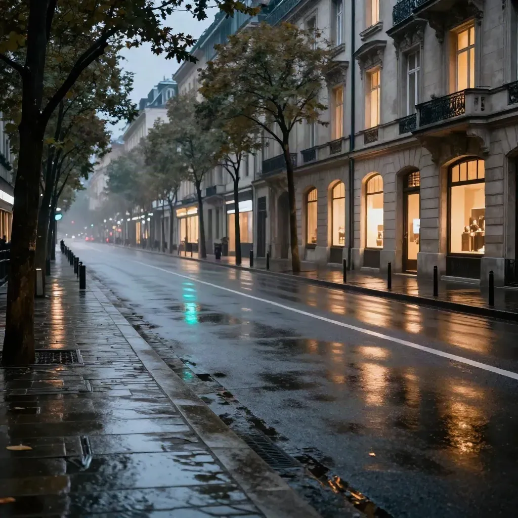 Rue rénovée au crépuscule, chaussée humide, arbres alignés et reflets cyan après la pluie.