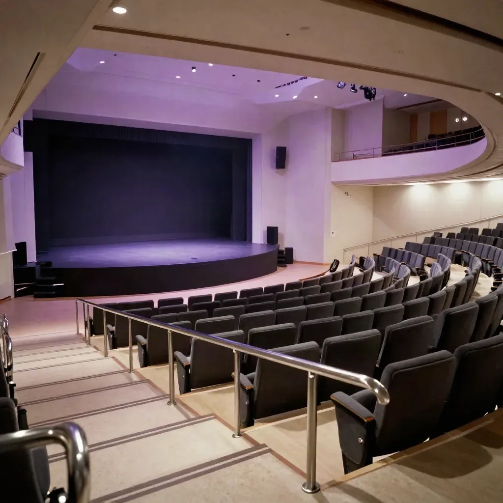 Grand hall vide du Sommet Tech Paris, gradins en profondeur, écran noir et halos violets.