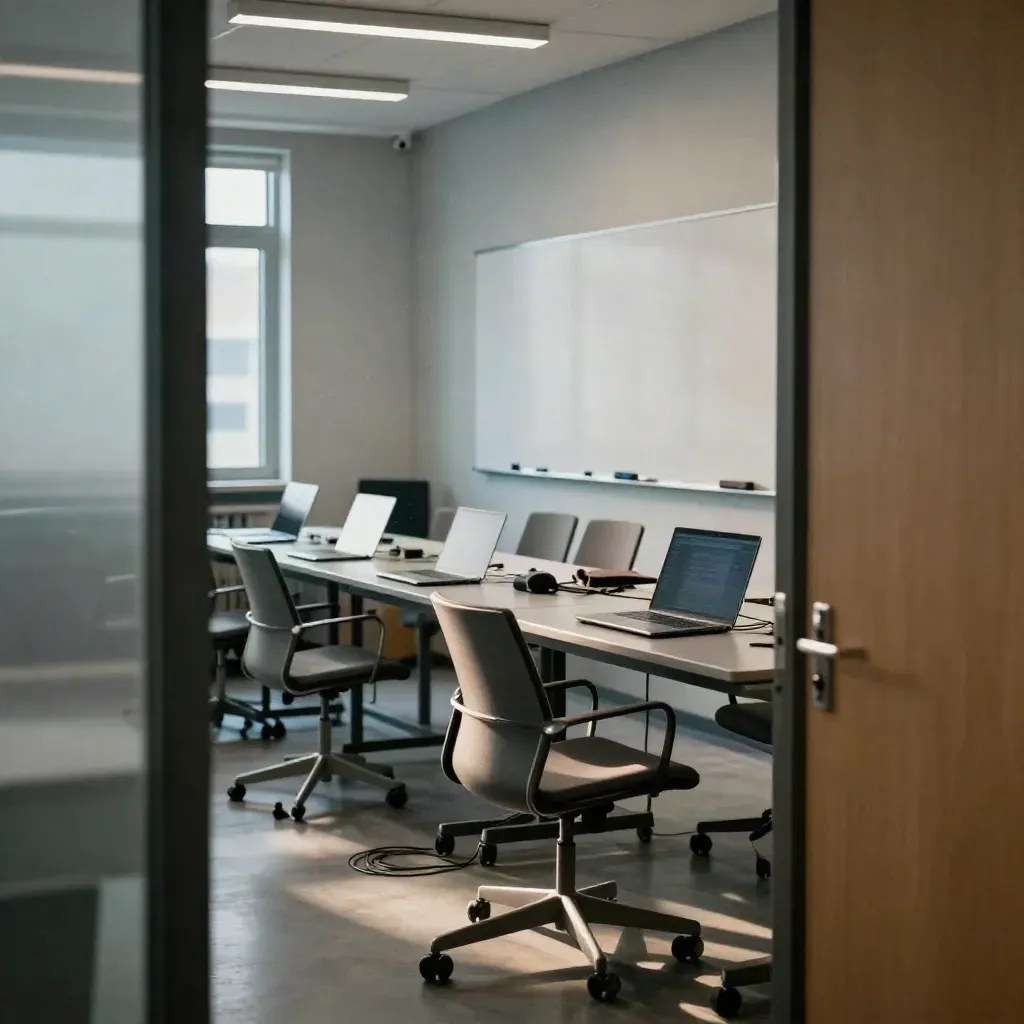 Salle de formation vide après un atelier IA, chaises décalées et ordinateurs fermés.