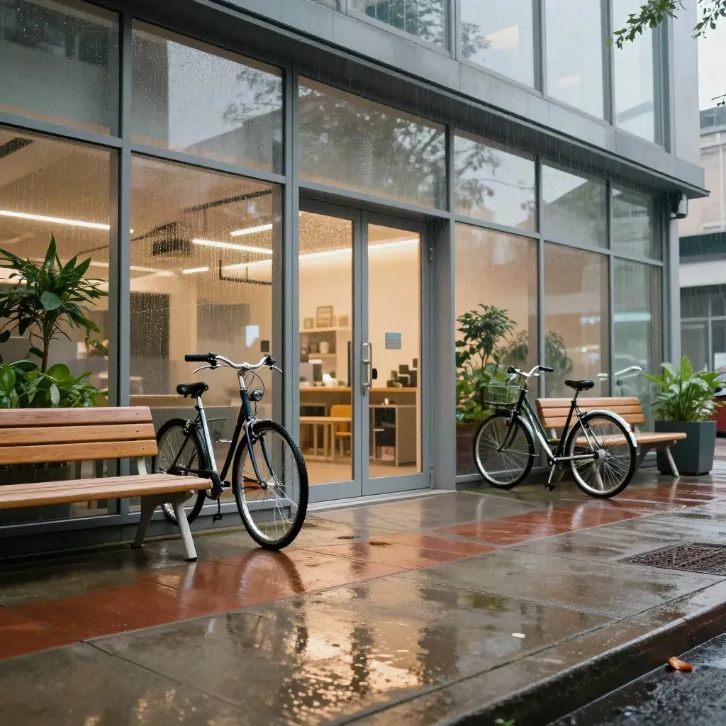 Façade vitrée d’un campus startup après la pluie, vélos, bancs et plantes, lumière du matin.
