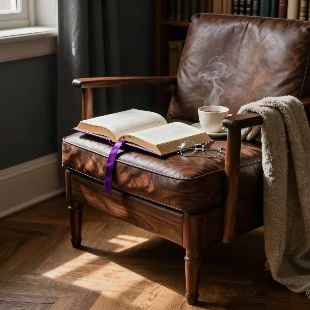 Fauteuil de lecture, livre entrouvert, lunettes et tasse fumante dans une lumière violette.