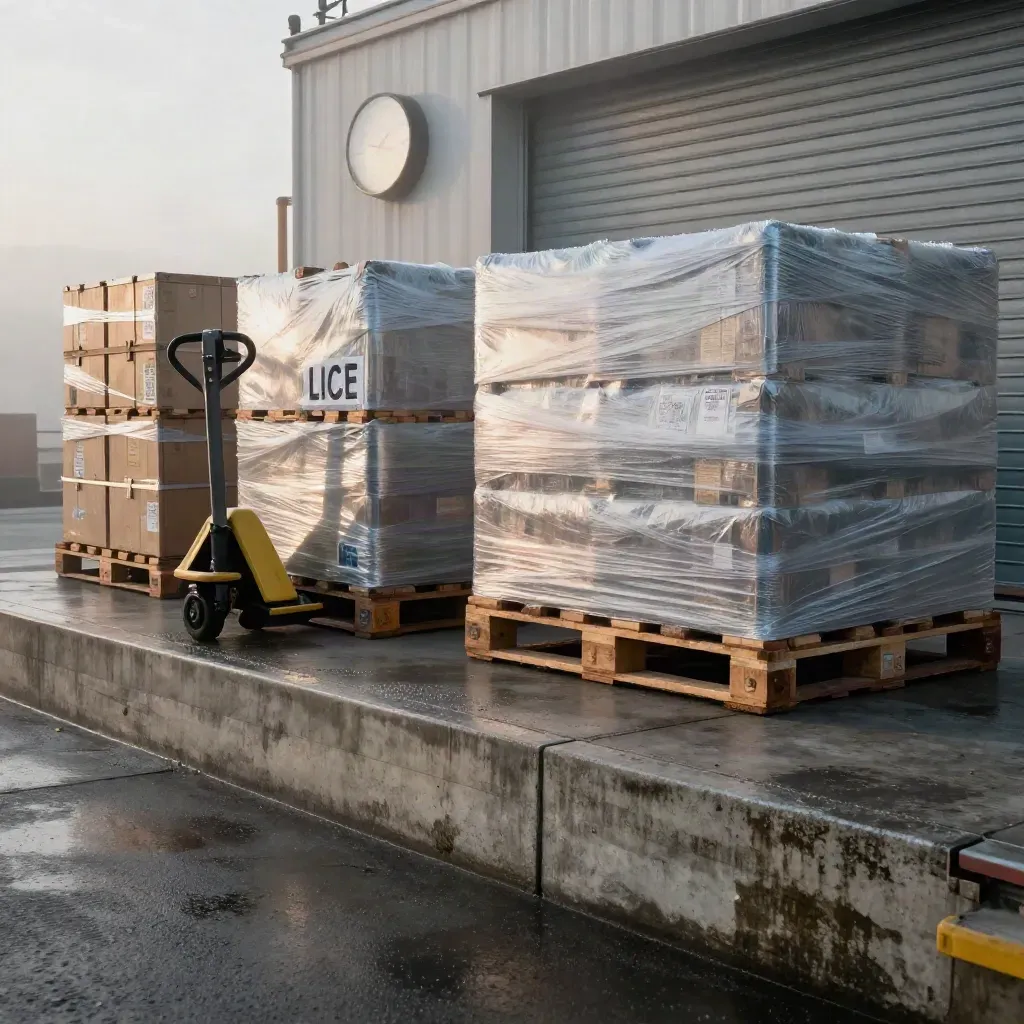 Quai logistique urbain avec palettes, caisses fermées, horloge et rideau métallique dans la brume.
