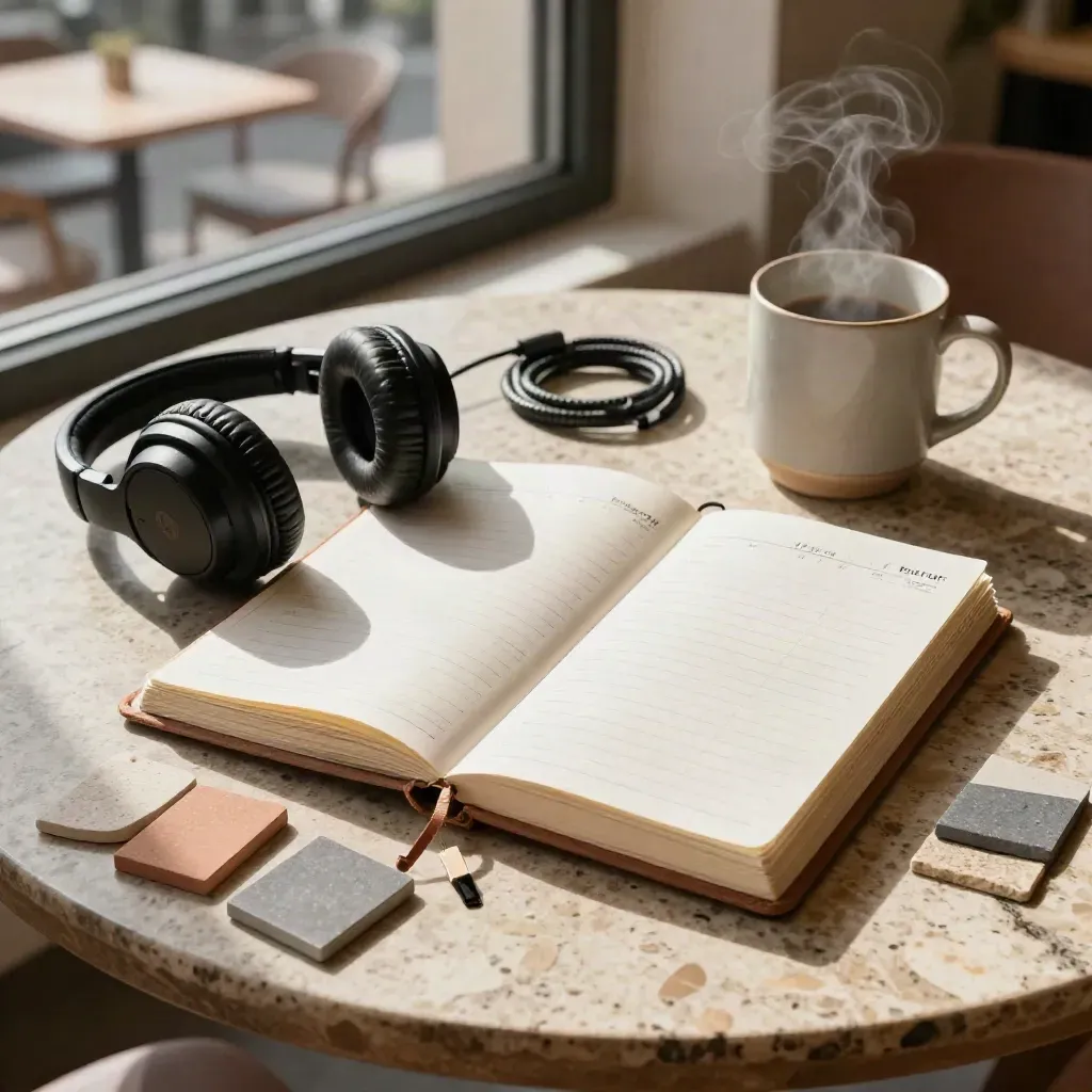 Matin calme avec carnet fermé, écouteurs, tasse fumante et tuiles de planning sur travertin.
