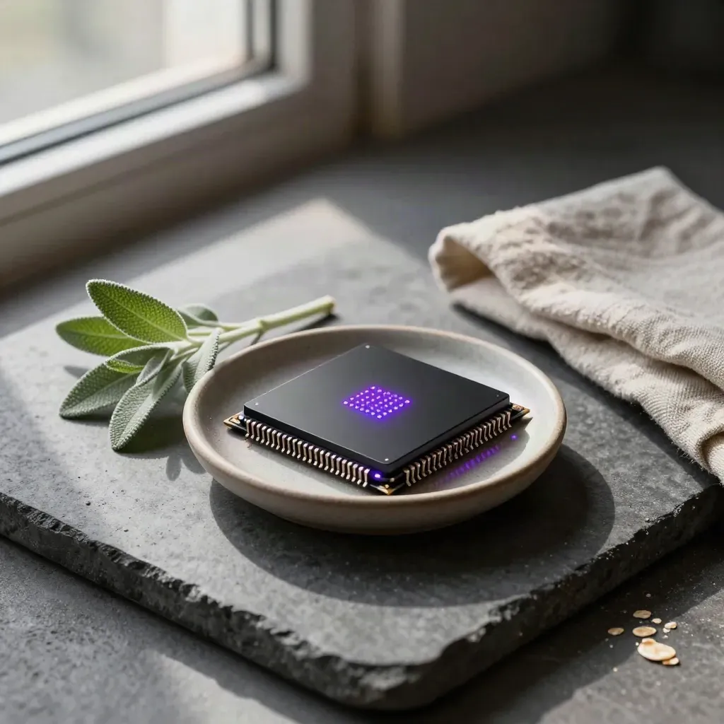 Puce IA noire sur coupelle en céramique avec plante et tissu plié, lueur violette discrète.