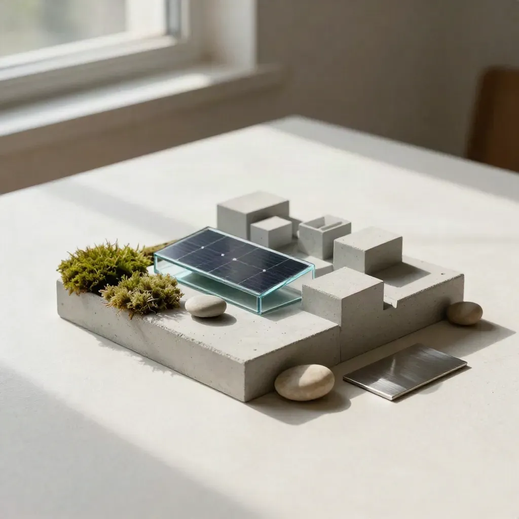 Maquette urbaine en béton, panneau solaire miniature, mousse et galet sur table de validation.