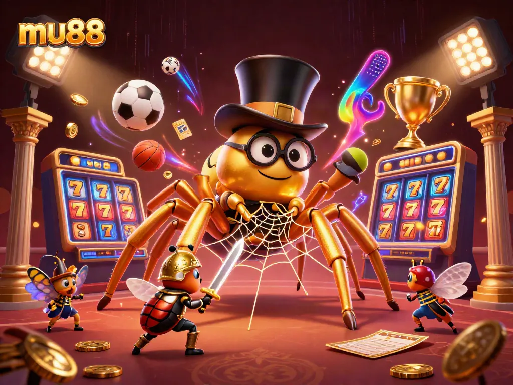 Experience the thrill of mu88 with a golden tarantula and beetle knight in a lively casino setting.