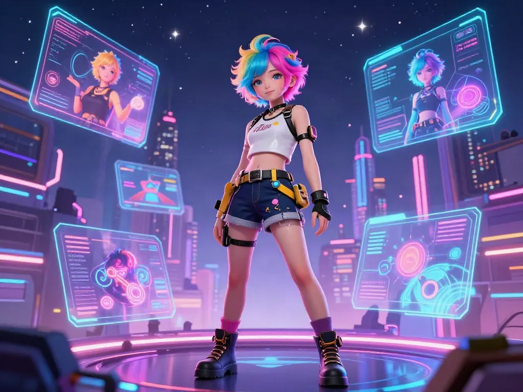 AI-generated Futa characters in a vibrant virtual reality scene showcasing interactive customization.