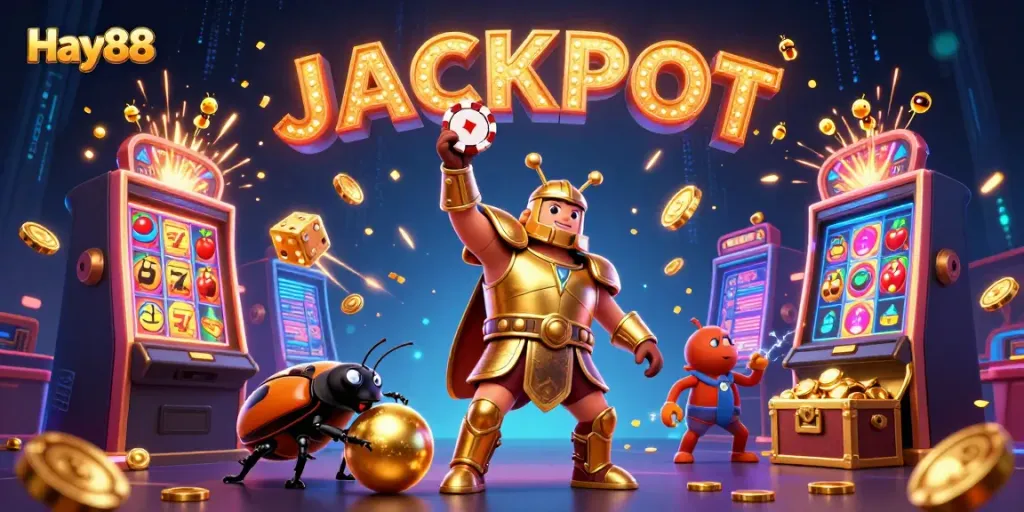 Engage in thrilling gaming excitement with Hay88's vibrant jackpot scene featuring a victorious beetle.