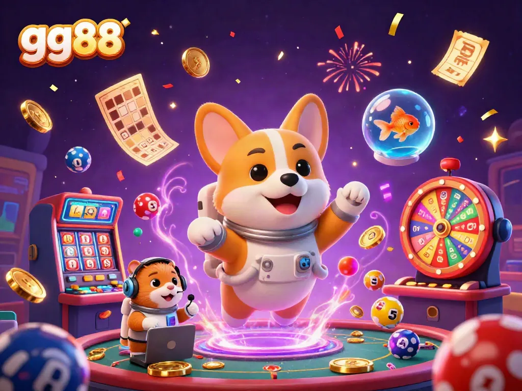 Experience thrilling fun at gg88 with a floating space casino scene filled with vibrant game elements.