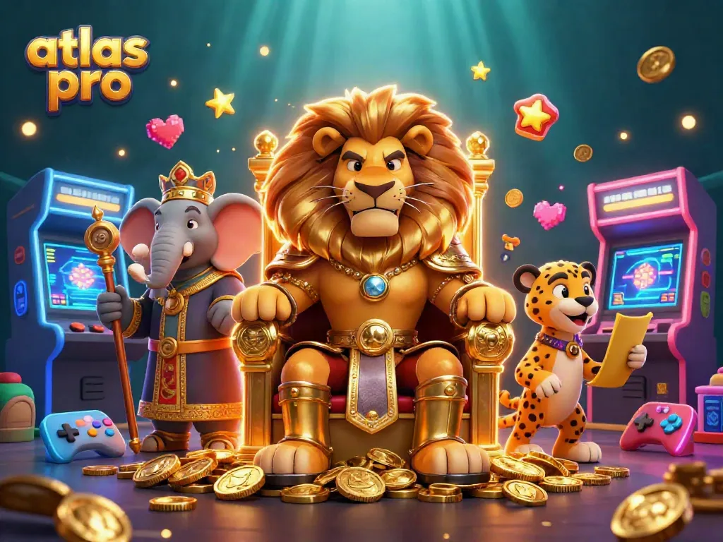 Atlas Pro : Roi lion et éléphant dans un casino animé plein de jeux d'arcade 3D.