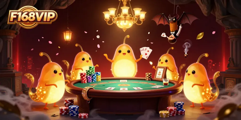 Experience the excitement of F168VIP in a vibrant 3D casino scene with glowworms and poker elements.