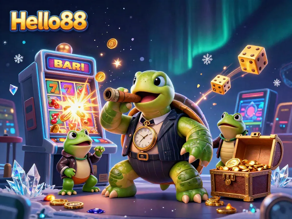 Engaging Hello88 illustration of a snapping turtle in mobster attire, flanked by bullfrog enforcers amidst a slot machine jackpot explosion.