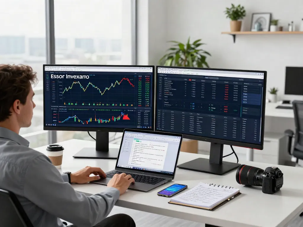 Plateforme Essor Invexaro, trader utilisant l'interface de trading, ambiance professionnelle et moderne.
