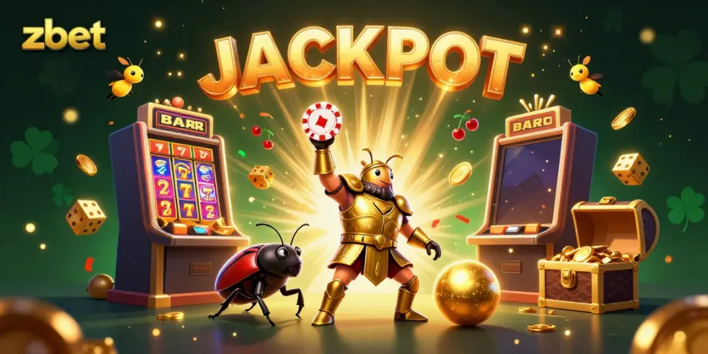 Experience the zbet casino thrill with cartoon beetles celebrating jackpot wins amidst vibrant gaming elements.