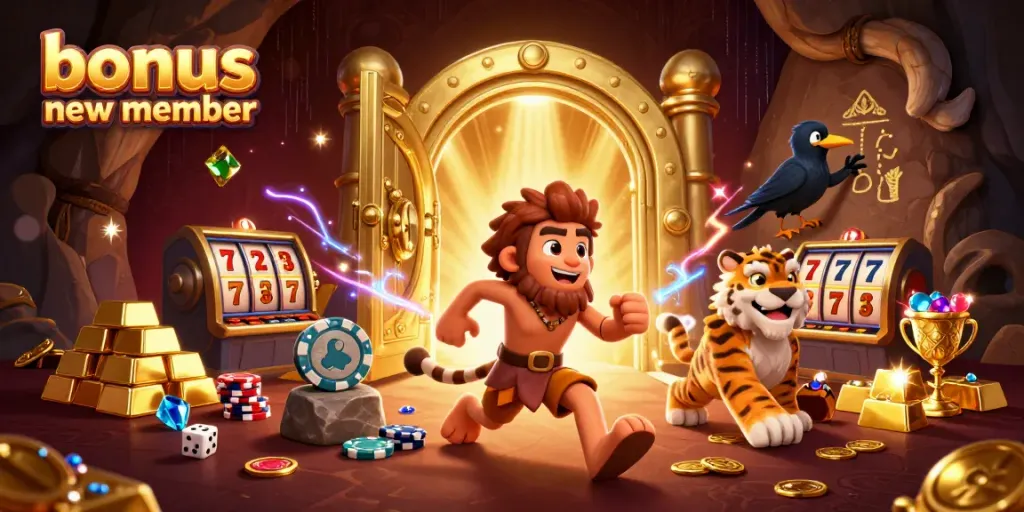 Engage in the thrill of the bonus new member promotion with caveman characters and slot elements.