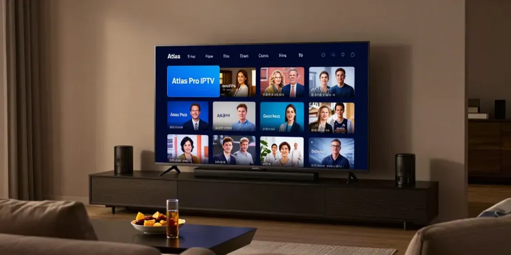 Application Atlas Pro IPTV sur un écran de télévision dans un salon moderne, ambiance chaleureuse et conviviale.