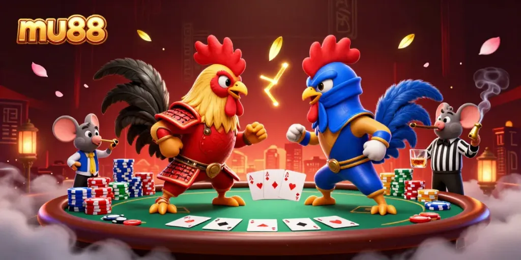 Engaging illustration of twin fighting roosters themed around mu88, showcasing intense play at a poker table.