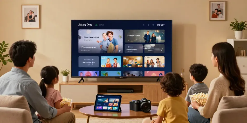 La famille regardant l'application Atlas Pro ONTV sur un grand téléviseur intelligent avec une ambiance chaleureuse.