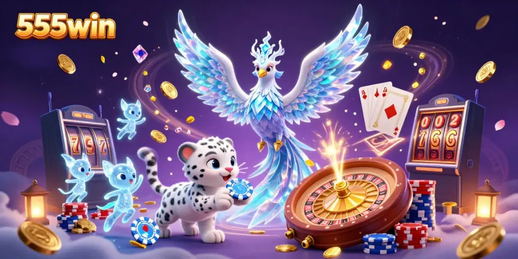 Experience the excitement of 555win with a dazzling display of casino characters and elements in a vibrant scene.