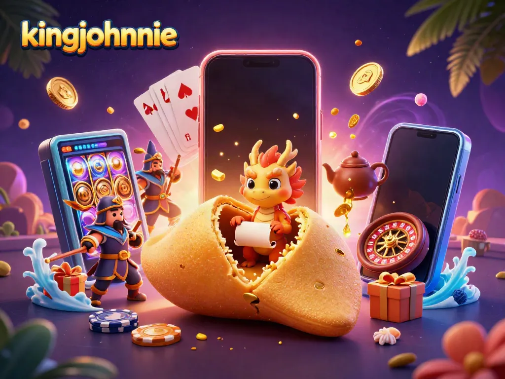 Kingjohnnie's dynamic casino scene featuring a golden fortune cookie and a wise dragon surrounded by vibrant gaming elements.