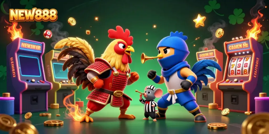 Experience the thrilling standoff of NEW888's fighting roosters amid vibrant casino gaming elements.